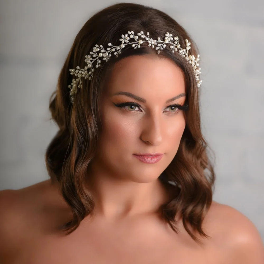 PAISLEY B. DESIGNS Ivory Pearl Rhinestone Headband w/Elastic Bridal Veil NEW!